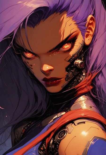 score_9, score_8_up, score_8, (curvy), detailed face, detailed eyes, 1girl, solo, Psylocke_DG, purple hair, long hair, lipstick, , bridal gauntlets, purple thigh boots, purple leotard, sash, belt, knva, halftone effect, retro artstyle, cyberpunk, cyborg,
sinozick style, flat color, dark theme,
upper body, looking at viewer,