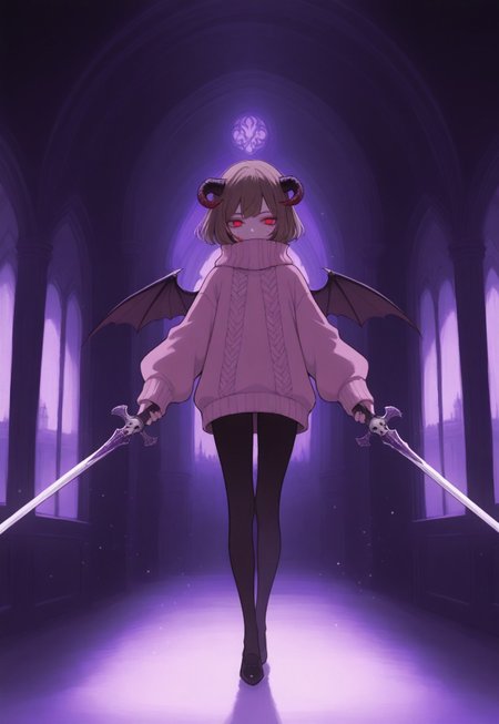 solo, ethereal, ultra-detailed, cinematic lighting, halfturned, particles, mesmerizing, fullbody, 

purple theme, kingdom background, castle hallway, 

blood covered face, 
holding_sword, dual_wielding, purple swords, skull sword decoration, 

1girl, draconian, (short brown hair) , red eyes, dark horns, dark small demon wings, pink sweater, oversized sweater, 

(748cmstyle:1.3), 

masterpiece,best quality,amazing quality, detailed, 
