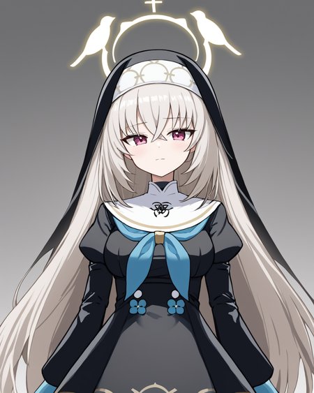 sakurako \(blue archive\),1girl, false_smile, anger_vein, solo, shaded_face, nun, white_background, halo, simple_background, sleeves_past_fingers, habit, closed_mouth, long_sleeves, dress
<lora:sakurako_(blue_archive)_image854_2023-11-28-000015:1>halo. gorgeous,key visual, vibrant, studio anime,award-winning, professional, highly detailed,high budget, cinemascope