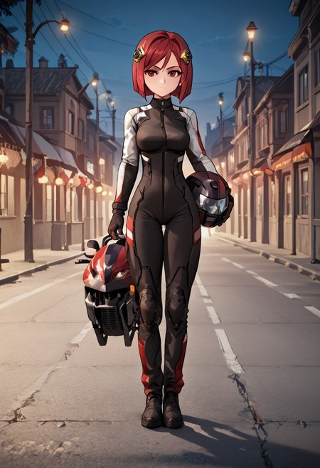 score_4,score_5,score_6,score_7_up,score_8_up,score_9
((masterpiece,best quality,ultra detailed,highres,HD,4k:1.2)),
chibi,fullbody,deformed, deformed characters,
1girl, solo, girl forcus,solo forcus,
outdoors,
red hair,red eyes,short hair,hair ornament,large breasts, rider suit,bodysuit,gloves, ((Rider suit, black rider suit,sexy rider suit,))Bikes, standing near bikes,headwear removed,Night, highway, street lights, Expressionless,