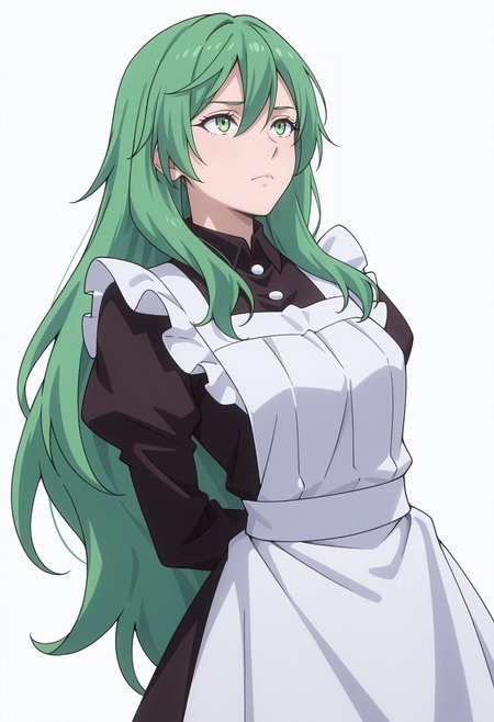Smooth Quality,masterpiece,very intricate, high quality details, ultra realistic, high detailed skin,detailed enviorement,absurdres,
simple background, white background, 
dutch angle,standing, arms behind back, looking up, calm expression, relaxed posture,  ,sad,
 <lora:Misery_cnn:0.8> 1girl, green hair, green eyes, hair between eyes, frown, very long hair, sidelocks,dress, shirt,maid apron, puffy sleeves, long sleeves, juliet sleeves, enmaided,
