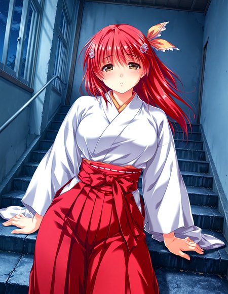 (1girl, solo:1.3), (2girls, 3girls, 4girls, multiple girls, 2boys, 3boys, 4boys, multiple boys:-1.5) <lora:Kohinata_Yuuka_Koi_Mekuri_Clover_Illustrious:0.9>, kohinata_yuuka, large breasts, brown eyes, red hair, long hair, bangs, hair between eyes, hair ribbon, hair ornament, miko, japanese clothes, red hakama, (pout:0.7), (half-closed eyes:0.7), general, contrapposto, dynamic pose, outstretched arms, upper body, straight-on, pov, dutch angle, indoors, school, (stairs:1.1), down stairs, sitting on stairs, <lora:NOOB_EPSv1_1_detailer_by_vlnvk_v1_0:1.5>, (photo background:0.7), night, (tachibana yuu:0.6), inue shinsuke, (kazuma muramasa:0.0), saikawa yusa, (aoi manabu:0.6), abarerumidori, (suzui narumi:0.6), masterpiece, newest, absurdres, 8K, anime screenshot, anime coloring, flat color, official art, film grain, <lora:illustriousXLv01_stabilizer_v1.185c:0.7>, <lora:LECO_Solo:-4.0>,