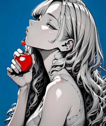 score_9, score_8_up. score_7_up,  uncensored, <lora:coffee2hai:1> coffee2hai, score_9, coffee2hai, 1girl, long hair, upper body, greyscale with colored background, blue background, simple background, spot color, looking at viewer, holding fruit, cherry, holding food, half-closed eyes, candy, from side, wavy hair, monochrome, bare shoulders, parted lips, eyelashes