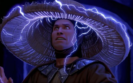 <lora:bigtroubleinlittlechina sdxl - damocles_aaa:0.9> <lora:lucasarts style:1.3> lucasarts style,
, 2d flat shading, pixel art, video game screenshot
,lghtn man, lightning eyes,(conjuring lighting:1.3), wearing a hat,raised hands