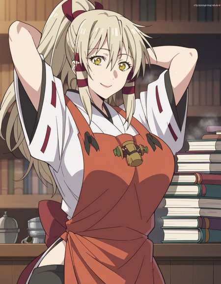 score_9, score_8_up, score_7_up, source_anime, <lora:uka-no-mitama-no-kami-s1-ponyxl-lora-nochekaiser:1>, uka no mitama no kami, long hair, blonde hair, hair ribbon, yellow eyes, ponytail, tress ribbon, large breasts,, japanese clothes, miko, apron, red apron,, bookstore, browsing shelves, new book smell, finding a favorite, quiet atmosphere, smile, , hands behind head,, solo,, cowboy shot, dutch angle,