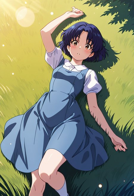masterpiece, best quality, amazing quality, dynamic view,  solo, dynamic view,  solo, 1girl, masterpiece, best quality, bokeh, luminescent background, 
( akanetendou,   
dark blue hair, short hair, parted bangs, brown eyes, small breasts,  
  blue dress, pinafore dress, sleeveless dress, white shirt, collared shirt, puffy short sleeves, white socks, black shoes,
,   ), 
looking_at_viewer, 1girl, masterpiece, best quality, bokeh, luminescent background, girl, solo, arm up, blush, looking at viewer, lying, on back, parted lips, grass, sunlight,
