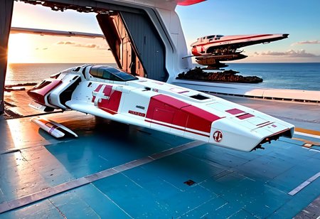 photograph, smooth, sleek, white and red (WipEout anti-gravity craft), (split-front:1.3), parked in a open hangar, door open, tropical island, ocean, beach, blue sky, sunset, sharp, high detailed, realistic, scifi, futuristic, science fiction, sharp focus, masterpiece, best quality