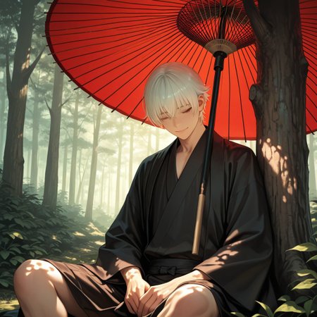 masterpiece, best quality, amazing quality, absurdres, newest, detailed background, definition so sharp, Ultra-HD, 8K cinematic, very awa, impressionate, amazing quality, highres, 
solo, male focus, manly, 
yashiroisana, 1boy, short hair, bangs, shiro_white hair, shiro_brown eyes, oil-paper umbrella, sitting, leaning against a tree, light smile, closed eyes, calm, forest, dappled light, sunbeams, aesthetic, serene, joyful, peaceful