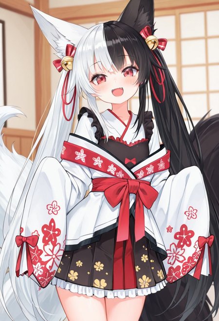 best quality,amazing quality,masterpiece,beautiful detailed eyes,bedroom,solo,perfect body,bright face,looking at viewer,caress,big eyes,mellow body,ruddy skin,dynamic pose,Alice Mana,happy,open mouth,smile,1 girl,proud expression,flat chest,tiny body,petite body,standing,(focus girl:2),negative_hand-neg, hair bell, animal ears, multicolored hair, white hair, tail, sleeves past wrists, red eyes, bell, virtual youtuber, black hair, :d, two-tone hair, smile, long hair, twintails, bow, hair ornament, animal ear fluff, looking at viewer, japanese clothes, fox ears, sleeves past fingers, very long hair, fox tail, red bow, frills, fangs, kimono, long sleeves, hair bow, skirt, bangs, jingle bell, fox girl, open mouth, indoors, split-color hair, blush, frilled skirt, pleated skirt,fang,smug