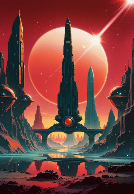 landscape, giant arc, skyscrapers, cityscape, pond, reflections, crimson sky, space ship, dramatic sunset, sun rays, light particles, lens flares,  bridge, architecture, scenery, no humans, cyberpunk, science fiction, dystopian,  anime screencap,  painterly, volumetric lighting, no line art, no outline, photo (medium), fine art, masterpiece, best quality, good quality, very awa, very aesthetic, absurdres, newest, 8k, high contrast, in the style of cknc,