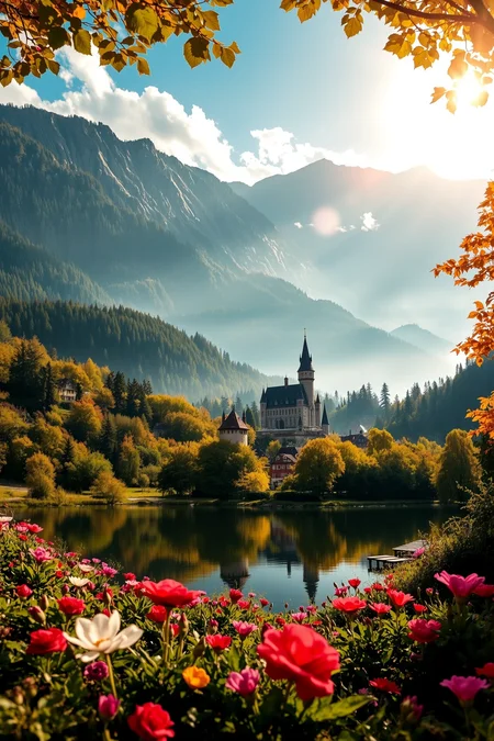 (beautiful fantasy landscape), photo, photography, Sigma 50 mm f/5.6,  sharp focus, no blur background, ((very detailed)), (water ripples) reflections, medieval castle,  river (pond),  forest, ((village)), stunning nature aquatic environment, (bright sunny sky), (high contrast), cinematic (lights), backlight, (shadows), lens flare, vibrant colors, colorful, [Walnut Brown flowers] and leaves, (pretty), (beautiful), loving, <lora:no-blur:1 <lora:aidmaHyperrealismv0.3:0.8> aidmaHyperrealism