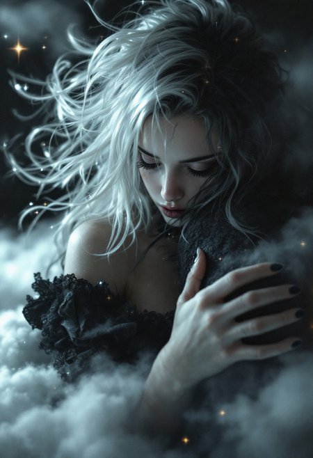 umbra-somber, nightmare-woman-black-whitehair-queen, cloudstrife-girl, graphic-adventure-cute, stuggle hugging a small wish, realistic intricately detailed photo, pastel-colors, dramatic ,, realistic, photogenic,, wide-angle lens, sharp-focus, motion-blur background, sparkle-glittering asymmetrical hair,