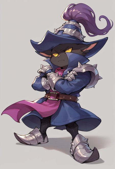 score_9, score_8_up, score_7_up, score_6_up, v3igar, 1boy, male focus, yellow eyes, yordle, hat, coat, armored shoes, belt, armor, gauntlets, <lora:Veigar_Default_v2:0.7>, arms crossed