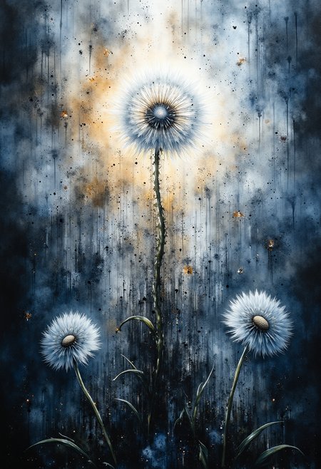 Step into a realm where dreams meet technology, as gigantic crystal dandelions emerge from a mystical webpage interface, combining natures perfect geometry with contemporary design. These ethereal blooms radiate their celestial petals, infusing the world with a surreal harmony of organic and digital elements.  Plunge into a breathtaking visual journey with an abstract painting approach that immerses you in the dreamy gradient hues of twilight blues - a serene palette of cobalt fading into sapphire as if the sky were merging with the ocean depths. Every brushstroke captures the enchanting transition from day to night, establishing a profound sense of depth.  The lighting envelopes the dandelions and the digital landscape with a ghostly glow, accentuating intricate details while casting ethereal reflections that dance across each surface, signifying the intricate connection between our tangible world and the limitless realms of imagination. Each pixel in this otherworldly composition tells a story - one of marvelous contrasts between the elegant grace of nature and the precision of human ingenuity.  As you explore this fantastical canvas, let it awaken your inner explorer, taking you on a journey of self-discovery as you contemplate the intersection of reality and perception. This dreamlike fusion of the digital and the divine invites you to question the boundaries of existence and ignite your imagination with every stroke of wonder. ,<lora:flux/fav/paintart-style-015-v1-0-flux.safetensors:1.0:1.0>