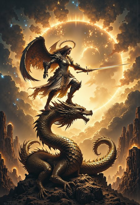 Angelic figure, balancing on the horn of a golden dragon, wielding a radiant sword, celestial battlefield, glowing halo <lora:Magic_of_Art_\(FLUX\).safetensors:0.75>,  <lora:Elden_Ring_-_Yoshitaka_Amano.safetensors:1.0>,  <lora:Movie_Portrait.safetensors:0.6>,  <lora:- Flux1 - soothing_atmo_V2.0.safetensors:0.3>,  <lora:lith_mimosa_kiel_grw134_FLUX.safetensors:0.5>,  <lora:flux_sparklycism.safetensors:0.5>,  <lora:Dever_Flux_Enhancer.safetensors:0.5>,