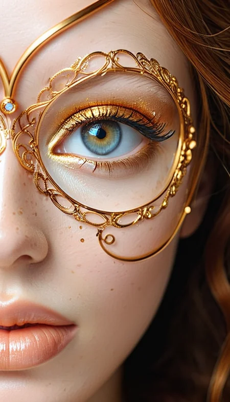 Close-up gorgeous girl face , cute, bang, freckles, striking large eyes, aligned eyes, mirror eyes, (half smile),
BREAK,
(wearing transparent Venetian Mask with intricate very detailed gold filigree), (thin detailed gold filigree), curly ginger hair, braid,
long lashes, trendy portrait,
tender Aesthetic nose, Aesthetic chin, ears, puffy lips, sensual lips, detailed texture, detailed eyes, detailed skin, clean skin,
<lora:Someplastic:1>, (ultra sharp focus:1.8), (detailed skin:1.8), (thin lines:1.8), (best quality:1.8),
<lora:Apparatus_-_Traction_City_Walkers_Vehicles:0.7>,
<lora:add-detail-xl:1> (ultra sharp focus:1.8), (detailed skin:1.8), (thin lines:1.8), (best quality:1.8),
<lora:glowneon_xl_v1:0.8>