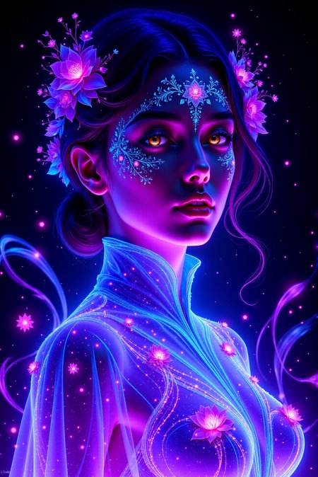 <lora:DGLO_style_v.81:0.75> DGLO style.  This is a vibrant, highly detailed digital artwork featuring a young woman with a fantastical, glowing aesthetic. The artwork uses a stylized, surrealistic technique with vivid, neon colors and a mix of realism and fantasy elements. The woman has a striking, ethereal appearance with an elongated, slender face, piercing golden-yellow eyes, and a subtle, knowing expression. Her hair is styled in a flowing, loose manner with strands cascading down her shoulders, adorned with delicate, glowing blue and purple flowers.  She is dressed in a shimmering, high-tech, asymmetrical garment that resembles a futuristic, iridescent robe. The fabric appears to be infused with glowing, swirling particles that match the color palette of the artwork, creating a mesmerizing, luminescent effect. Her face is intricately decorated with glittering, blue floral designs that seem to be part of the fabric, blending seamlessly into her skin and hair.  The background is a deep, dark, almost black space filled with swirling, glowing lines and stars, enhancing the ethereal atmosphere. Small, glowing, star-like flowers and orbs float around her head and shoulders, adding to the magical, otherworldly ambiance.