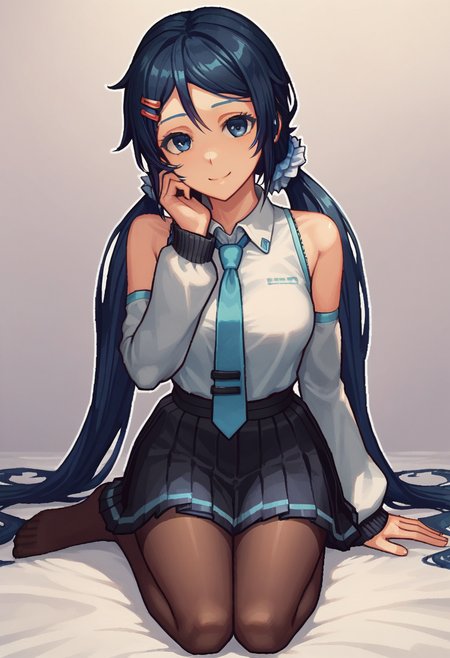 solo, <lora:Mita:0.55> mi_ta, 1girl, dark blue eyes, dark blue hair, braids hair, long hair, scrunchie, barrette pins, black_pantyhose black_skirt black_sleeves blue_eyes blue_hair closed_mouth collared_shirt detached_sleeves full_body hair_between_eyes hair_ornament hand_on_own_cheek hand_on_own_face long_hair long_sleeves outline pantyhose pink_background pixel_art pleated_skirt shirt simple_background sitting skirt sleeveless sleeveless_shirt smile solo twintails very_long_hair vocaloid white_background white_shirt wide_sleeves yellow_outline <lora:Smooth Anime Style LoRA XL:1> <lora:Pony_DetailV1.0:1>, score_9, score_8_up, score_7_up,