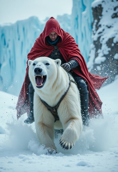 a dynamic scene of a person riding a polar bear through a snowy landscape. The rider is clad in a red hooded cloak, partially obscuring their face, with visible snow and ice accumulating on the fabric. The polar bear is in mid-stride, its mouth open, showcasing sharp teeth, and its fur is detailed with snowflakes. The background features icy cliffs and a turbulent, snow-filled atmosphere, enhancing the sense of motion and adventure. The overall color palette is dominated by whites, blues, and reds, creating a vivid contrast between the rider and the environment.