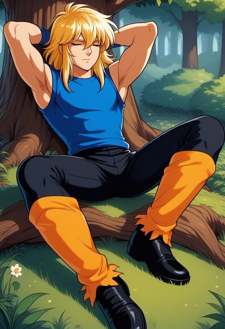 score_9, score_8_up, cygnhyoplain 1boy, blue eyes, slender figure, toned male, wavy blonde hair, blue sleeveless shirt, blue wristbands, black pants, orange leg wraps, black shoes, outdoors, grassland, trees, view from the side, lying on back, hands behind head, eyes closed, FMW1, painterly, vibrant details