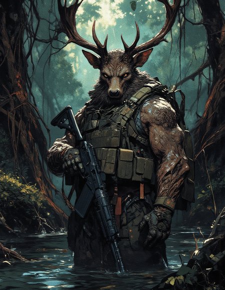 Humanoid maskukin  deer warrior with large antlers, Powerful massive horns, standing waist-deep in a dark, foggy swamp. His wet fur glistens under dim lighting, creating an eerie atmosphere. He is dressed in tactical military gear, including a bulletproof vest and backpack, gripping a modern assault rifle. The background features a dense, overgrown forest with tangled roots and hanging vines, illuminated by faint, moody light reflecting off the water. The scene is a blend of military realism 