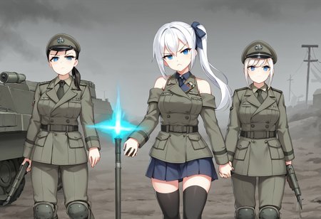 Best quality,ultra Hd, war zone ambience,short skirt,source anime, hammer and sickle cross symbol on red flag,game CG,battle style thigh high sock, smooth skin, soft medium round breast,glowing body,nice blue eye,long light white hair girl,side ponytail with ribbon, black & white elegant Soviet army winter outfit, outdoor,bare shoulder,waifu material, very sour face, hand hold SVD riffle , lawfull good tsundere girl,  serious vibes, she with upset face with  position to fire ,pointing gun at enemy,arctic cycle front,under heavy enemy concentrate fire, Trench 
with barbwire background,bottle of Vodka,sit on Trench with return fire,bullet casing, Blizzard ,pout face,cold looking eye, group of Ally soldier support  her  with fire from armored personal carrier turret gun,trenches warfare,T 34 tank with red flag fighting armored train mortar