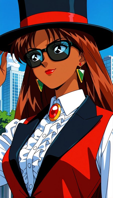masterpiece,best quality,amazing quality,<lora:sailorcrow ill:0.8>,sailorcrow ill,1990s \(style\),1girl,solo,black eyes,brown hair,long hair,dark skin,dark-skinned female,retro artstyle,jewelry,hat,earrings,lipstick,makeup,red lips,shirt,top hat,white shirt,sunglasses,vest,upper body,black headwear,frills,smile,collared shirt,brooch,cityscape,