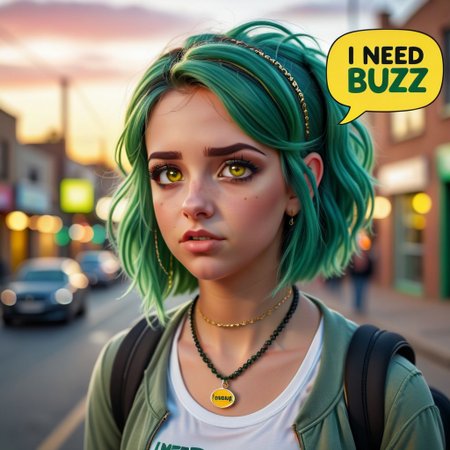 photorealistic image, a portrait of a cute girl with a necklace,  yellow eyes and green hair, speech bubble text "I need buzz", detailed, 50mm photography,depth of field,sunset,street background,bokeh