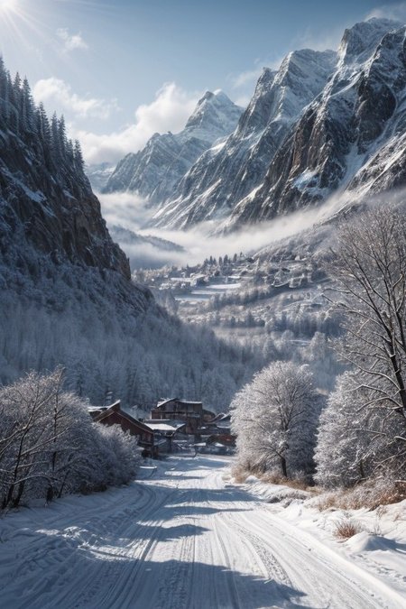 landscape, magic village in mountains, snow, snowing, morning haze, winter, sunlight,