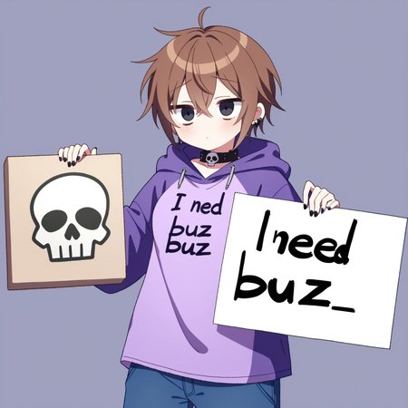 1boy, brown hair, wearing long collars, black eyes, emo style, delicate, baggy eyes, wearing a long collar, feminine,  blue pants, Otaku, feminine curves, purple t-shirt below, black nails, icon, skull symbol tshirt,, English text, Holding a sign that reads the text: "I need Buzz", handwritten text,