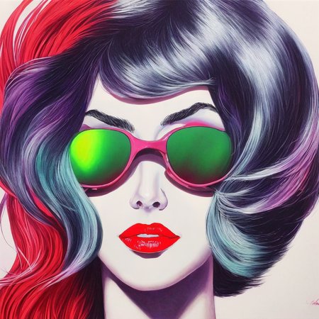 a close up of a woman wearing ski goggles with wild purple hair and bright red lipstick and neon eyeliner SCG768-illustrate