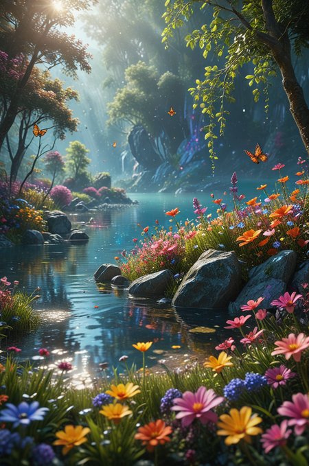 ultra realistic highly very detailed fantasy meadow, trees, grass, very realistic highly very detailed sea of colorful flowers ultra very realistic extremely highly detailed (crystal clear lake:1.6), sharp focus, ultra realistic extremely detailed (colorful butterflies:0.9), ultra realistic extremely very detailed (scenery:1.2), ultra-detailed, (by exquisite colors block),masterpiece,best quality,unreal engine 5 rendering, movie light,movie lens,movie special effects,detailed details,HDR,UHD,32K,CG wallpaper,intricate details (colorful particles:0.8) (colorful flowers:1.4), cinematic angle, magical look, fantasy setting, soft ray of light, glitter background,  <lora:add-detail-xl:2.5> , cinematic light, digital painting, hyper realistic, photo realistic, high quality textures, vivid colors, wet body