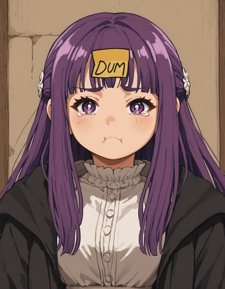 score_9, score_8_up, score_7_up, source_anime, sketch, 1girl, <lora:brj-fern-pony-v0.5:1> fern \(sousou no frieren\), large breasts, long hair, purple hair, half updo, blunt bangs, purple eyes, open robe, long dress, <lora:DumStickyNote_XLPD:1.2> dumstickyNote, sticker,  tearing up,  pout, puffy cheeks, serious, <lora:stormStyle:.5>