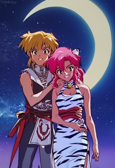 score_9, score_8_up, score_7_up, score_6_up, 1990s_(Style), 90s, Anime_Coloring, masterpiece, source_anime screenshot, duo, 1 girl, 1 boy, vivid colors, anime style, cartoon anime, source_anime, high-res, beautiful aesthetic, very intricate, high-quality details, vibrant, highly detailed, award-winning, professional, sleek and shiny, <lora:pink-ponyxl-v2:1>, single fang showing, sleeveless dress, white tiger print dress, pelvic curtain, cleavage, white cat ears, cat bell necklace, bright pink hair, tanned, white tiger tail, red sash, small breasts, leather shoes, detailed eyes, green eyes, detailed face, smile,  BREAK score_9, score_8_up, score_7_up, score_6_up, Masterpiece, source_anime, anime style, 1 girl, 1 boy, vivid colors, high-res, beautiful aesthetic, very intricate, high-quality details, vibrant, highly detailed, award-winning, professional, <lora:link:1> link1, link, pointy ears, blonde hair, blue eyes, medium hair, side locks, earrings, short ponytail, blue hylian tunic, grin
Break
In front of a giant full moon, stars in the sky, pink and link standing for photo, hugging, night time, front view, cowboy shot, whimsical, happy