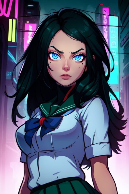 annflores. black hair, blue eyes,   mole under left  eye,  long hair, 
school uniform,  green skirt, 
 looking at viewer,  standing,  upper body,    serious, 
cyberpunk,  night,  neon lights,
 (insanely detailed, beautiful detailed face, masterpiece, best quality) 
 <lora:annflores:0.8>