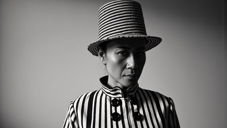 A striking black-and-white photograph of a beautiful Thai woman wearing a bold, high-fashion outfit. The ensemble features a structured, high-collared jacket with dramatic black and white vertical stripes, adorned with large, glossy black buttons running down the front. The collar is tall and striped, adding a geometric flair. She also wears a wide-brimmed hat with matching black and white stripes, tilted slightly for a sophisticated look. The background is a smooth, gradient gray, with soft, directional lighting casting gentle shadows, emphasizing the sharp contrast of the outfit. The overall mood is elegant, timeless, and avant-garde, with a vintage-inspired yet modern aesthetic.
<lora:Detailed Skin&Textures Flux V3:0.5> dsv4