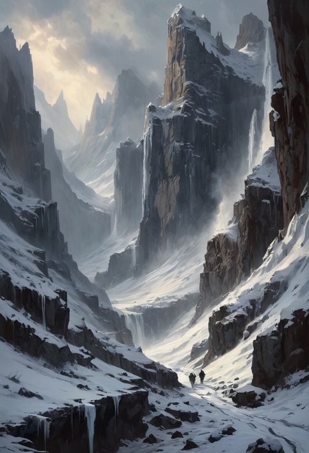 A treacherous mountain passage winds through towering, jagged peaks, shrouded in an oppressive and foreboding atmosphere. The path is perilous, lined with sharp cliffs and hidden dangers lurking in the shadows. The ground is covered in a thick blanket of snow, adding an extra layer of danger with its icy patches. The sky above is a tumultuous mass of dark, swirling clouds, pierced by dramatic god rays streaming through gaps, casting an eerie and malevolent light on the desolate, wintery landscape. A magnificent frozen waterfall cascades down one of the cliffs, its icy tendrils glistening in the ghostly light. Every step on this journey feels fraught with unseen threats, making it a daunting and dangerous trek for any traveler.  romantic impressionism, dream scenery art, beautiful oil matte painting, romantic, beautiful digital painting, anime landscape, romantic painting, dreamlike digital painting, colorful painting, thick brushstrokes characteristic, rough stroke, beautiful gorgeous digital art, style Karol Bok, Brian Froud, Wendy Froud, Guy Davis, Sergio