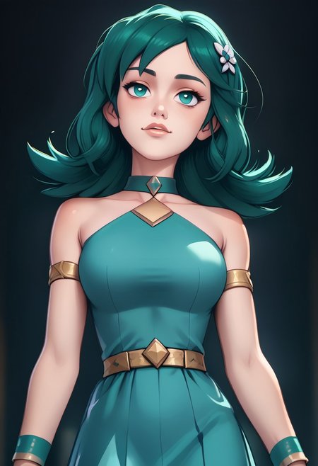score_9, score_8_up, score_7_up, score_6_up, PRSNL_3_1, uncensored, pupils black dots, lips,
upper body, best quality, masterpiece, 4k, realistic, warm light,
Kris_Sygna, medium hair, green hair, hair ornament, green eyes, choker, dress,  blue dress, halter dress, bare shoulders, shorts, blue short, shorts under dress, wrist cuffs,  Kris_Sygna, medium hair, green hair, hair ornament, green eyes, choker, dress,  blue dress, halter dress, bare shoulders, shorts, blue short, shorts under dress, wrist cuffs,