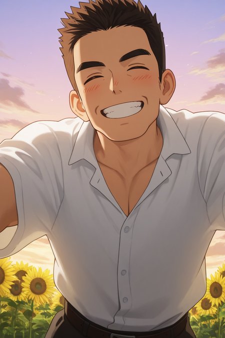 subsurface scattering, realistic shading, golden hour lighting, spring theme, on top of viewer focus, legs apart, male focus, leaning forward, looking at viewer, cute expressive face, minodaoi, black_minodaoi_short hair, old man, closed eyes, grin, wide smile, teeth, blushing, manly, 1boy, outstretched arms, oversized arms, navel, spring clothes, shirt, belt, pectoral cleavage, shiny skin, windy, floating clothes, outdoors, cloud, purple-pink gradient sky, sunflower, grass, from below, dutch angle, dynamic angle, bottompov, intricately detailed illustration, depth of field, atmospheric perspective, masterpiece, best quality, amazing quality, very aesthetic, absurdres, newest, anime screencap