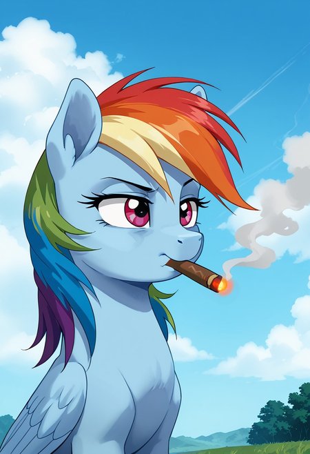 score_9, score_8_up, score_7_up, anime screencap, BREAK, my little pony Rainbow Dash, a blue pegasus with purple eyes and rainbow mane and tail, source_feral, outdoors, daylight sky, cloudy, fat cigar smoking from her mouth, source_anime, retro anime style