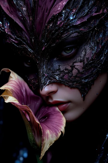 A hyper-realistic close-up portrait of a young woman wearing an elegant, avant-garde symmetrical mask crafted from intricately woven netting, this time with shimmering dark purple accents and scattered glitters that catch the light. The mask is beautifully outlined with delicate, silver embroidery, adding a refined touch. A striking calla lily partially obscures her face, its petals a rich blend of deep purple and creamy white, creating a dramatic contrast with the mask. Shot from a low angle to capture her intense expression, the composition highlights the detailed textures of the mask and flower, all enhanced by dramatic side lighting that plays off the glimmering accents, casting subtle sparkles for added depth and dimension.