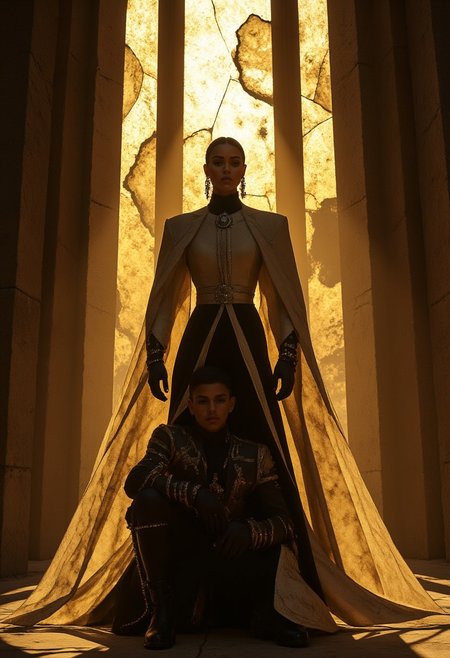 Medieval cinematic masterpiece—shot on grainy 35mm film—featuring a dominant queen standing over a kneeling knight in a crumbling cathedral. Golden light bleeds through shattered stained glass, casting warm, flickering stripes across the scene. Dust particles float lazily in the air, catching the light like fireflies