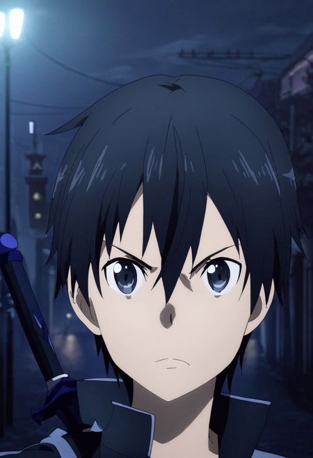 high resolution, solo, best quality, 1Boy, Kazuto Kirigaya, Black Hair, Black Eyes, portrait, midnight, dim street lights, mysterious, threatening, sword, aiming the sword to the viewer, OverallDetail