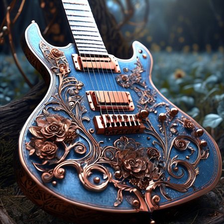 RAW photo of a very detailed guitar with whimsical elements, magical fairytale landscape, fantasy style art, dusty blue theme, intricate details, ultra sharp, exquisite detail, flawless composition, vivid colors, masterpiece, exciting background,  timeless elegant and Exquisite Copper Ornaments