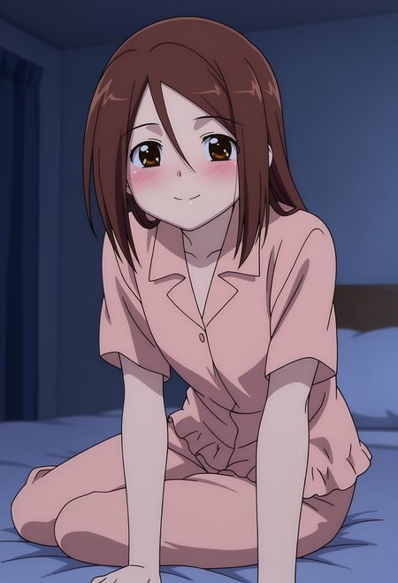 anime screencap, masterpiece, best quality,
<lora:KissXSis_SuminoeAko_IlluXL:0.9>,
1girl, solo, closed mouth, smile, blush,
straight hair, hair between eyes, brown hair, brown eyes,
pink pajamas, pink shirt, short sleeves, pink pants, 
yokozuwari, on bed, looking at viewer, cowboy shot,
dark, pillow, bed sheet, bedroom, photo background, blurry background