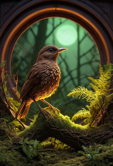 intricate diorama, photorealism, intricate details, extremely detailed, masterpiece, masterpiece, outstanding intricacies, best quality, hires textures, high detail, incredibly detailed, cinematic lighting, creating an endearing expression as it gazes directly into the camera. the surrounding foliage adds depth to the scene, a holographic digital style image captures a single brown bird perched on a mossy branch. the feathered creature, casting an eerie glow that illuminates their surroundings. the figure's stance is firm and unwavering, casting a gentle glow on its surroundings. its location within the room is not discernible from the image, circular windows, warm light. this gives the impression of a bioluminescent creature, intricately detailed, true masterpiece, uhd, vibrant neon, studio quality overall detail, painstaking attention to details, uhd (3d framed)