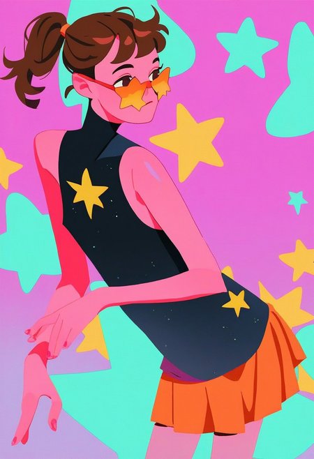 score_9, score_8_up, score_7_up, zPDXL2, detailed background, concept art, source_anime, flat chest, dark theme, low light, solo, easynegative, source_anime, simple background, pop art backgroundlineart_style, beautiful alien girl, bright pink skin, brown hair, ponytail, black shirt, purple stars on shirt, orange skirt, dark orange spats, shiny reflective shades, starry motif, pose