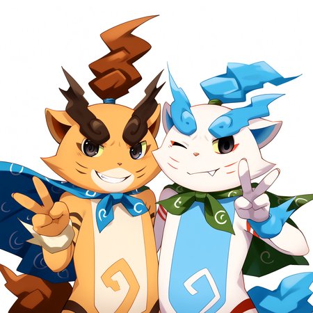 drawing, flat color, high quality, highres, good anatomy, detailed hands, detailed face, detailed fur, 2d, anime, ((source_furry, score_9, score_8_up, score_7_up, score_6), cartoony eyes, cartoony face, komane, yellow sclera, white and blue fur, green cape, komiger, blue sclera, orange fur, blue cape, duo, 2boys, one eye closed, v, white background, open mouth, simple background, brothers, siblings, smile, upper body, looking at viewer, fang, furry, furry male