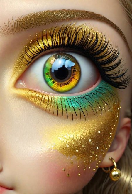 big eye, golden metal rainbow shimmer, golden treasure, realism, eye rings, shiny, jewelry, golden eyelashes, quality <lora:EyeD:1>