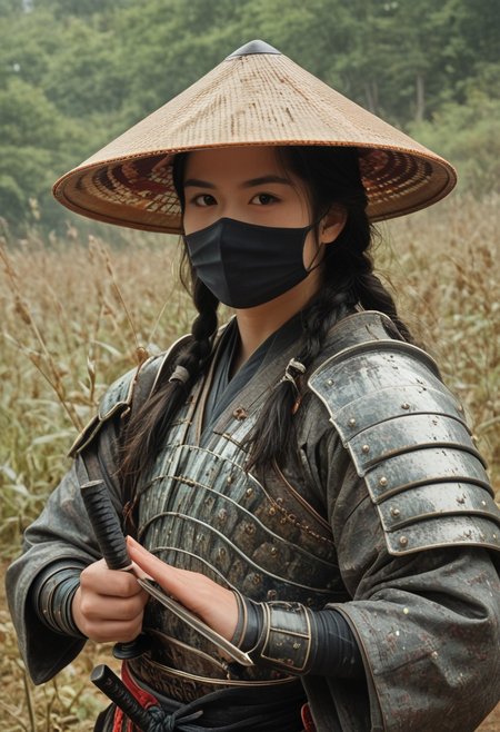 score_9, score_8_up, score_7_up, strawhat, conical hat, 1boy, a heavily armored samurai with shoulder armor and a straw hat, holding a giant katana sword in both hands, ready to fight, asian, long hair, low braid, roninwarriors,  samurai facemask, (monolid:1.3), ArsMovieStill, movie still from a 60s psychedelic movie